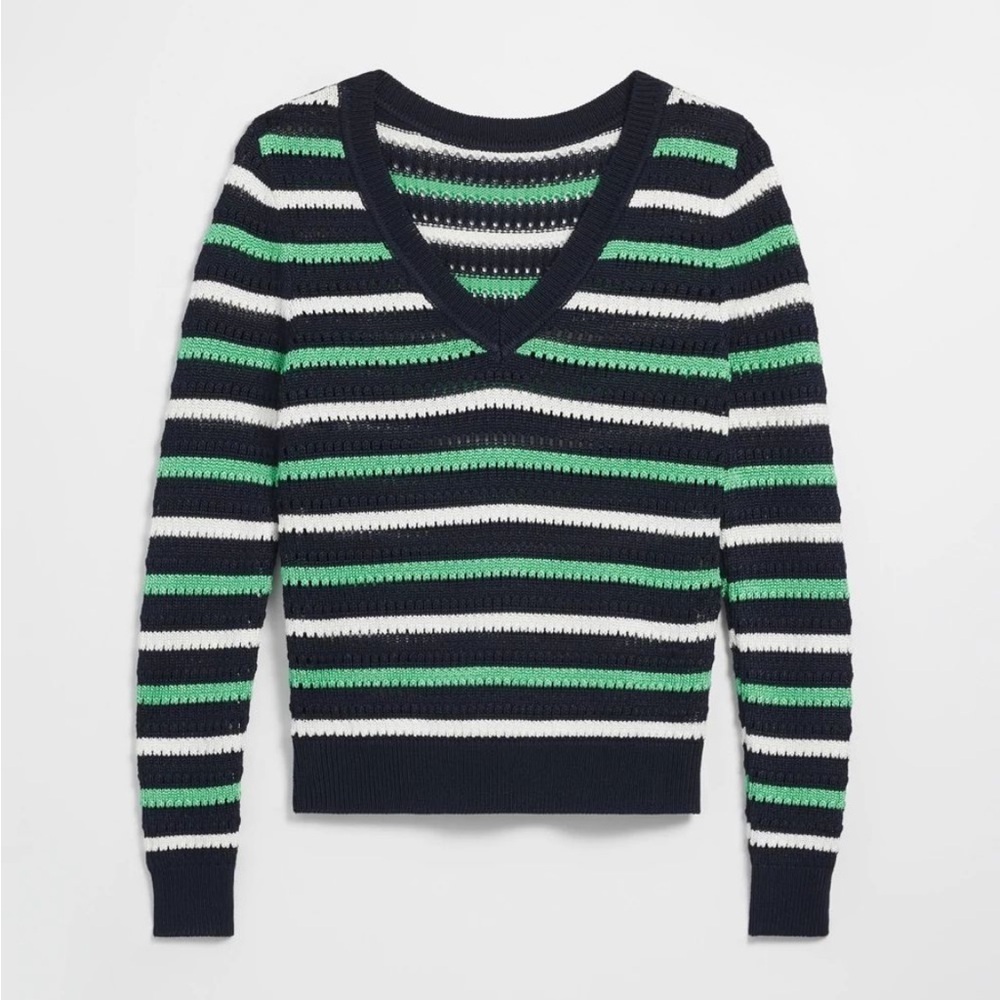 WHBM Long Sleeve Stripe V-Neck Pullover Sweater Size Small Preppy Knit Coastal